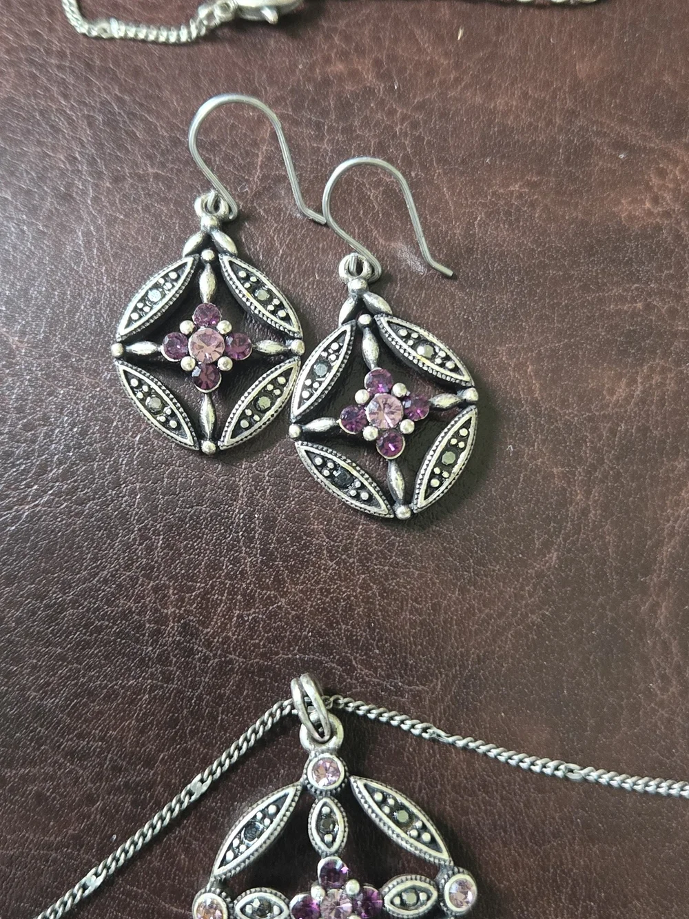 Vintage-Inspired Amethyst & Marcasite Pendant Necklace and Earring Set #M2 - Picture 4 of 5